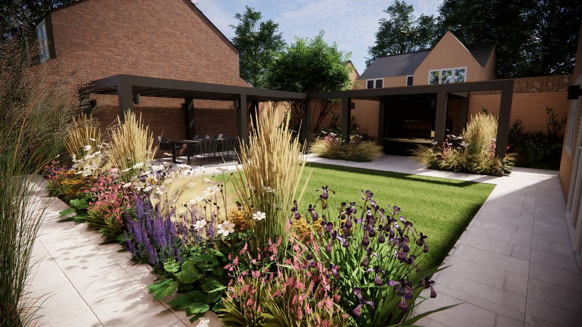 The design concept for the same garden: pergola, deep planting borders and a lawn
