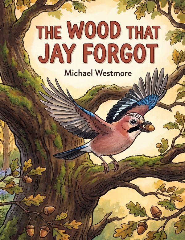 Cover of The Wood That Jay Forgot by Michael Westmore: Jay flies past a great oak while Squirrel reads her list