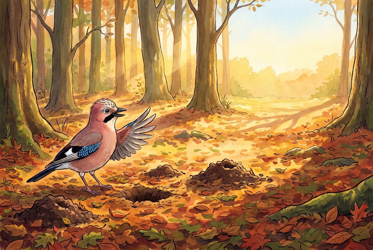 Jay burying acorns in an autumn wood