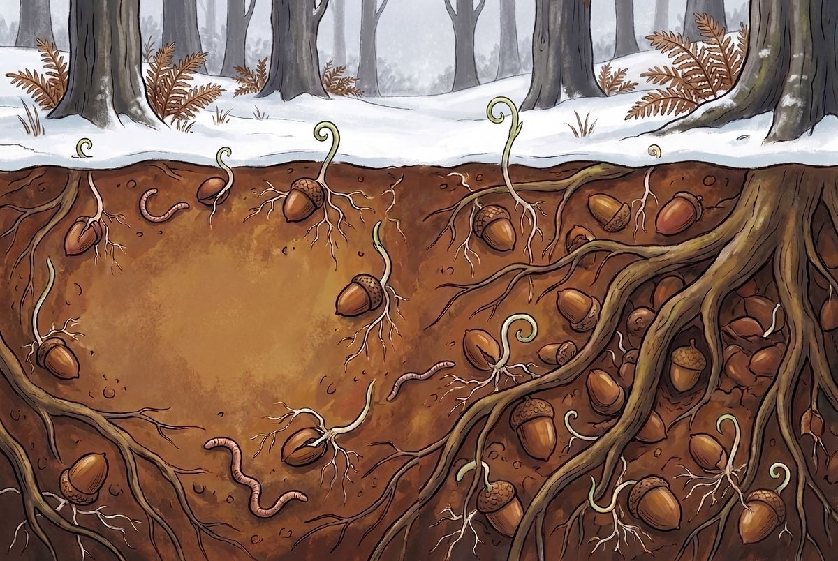 Under the snow, acorns sending down roots