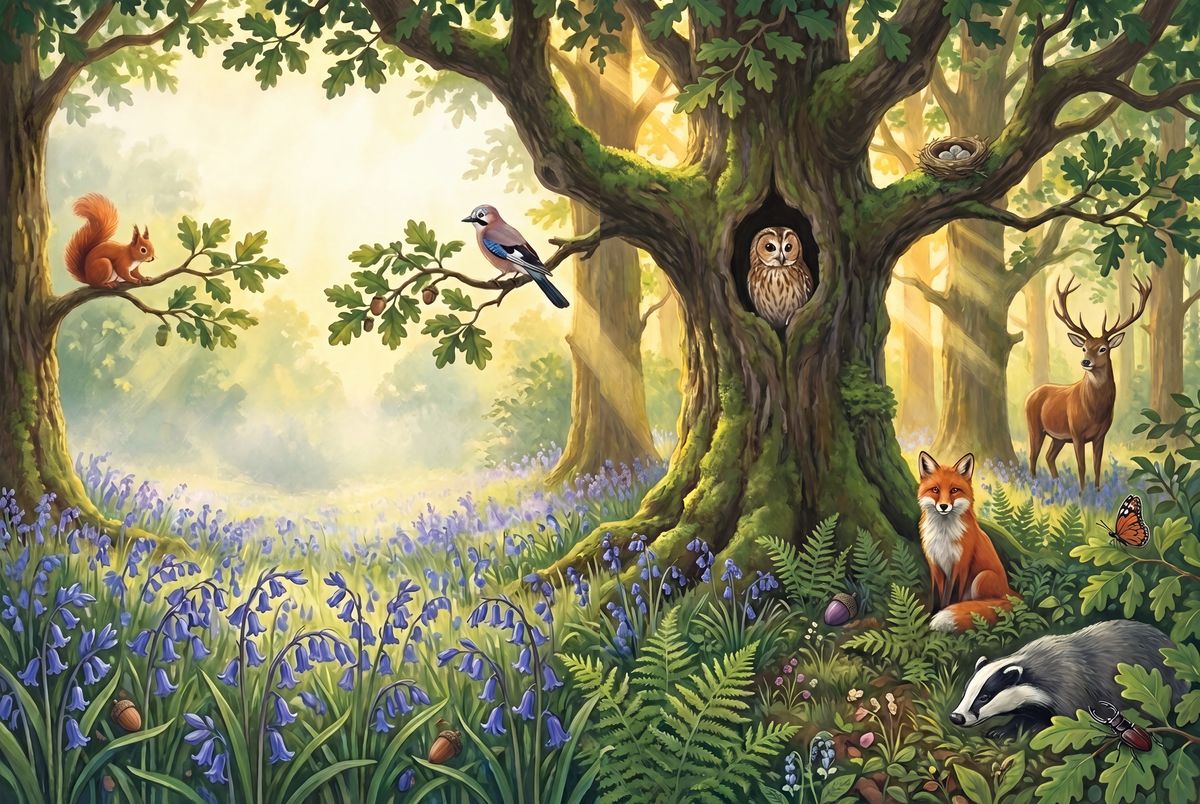 A grown oak wood with an owl, a fox, a deer, a badger and bluebells