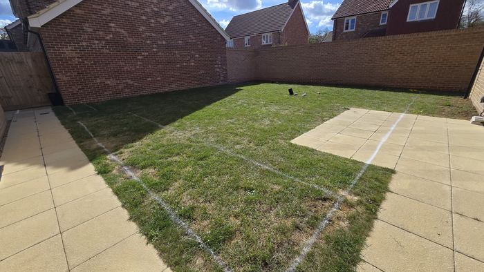 The same garden marked out, viewed back towards the patio